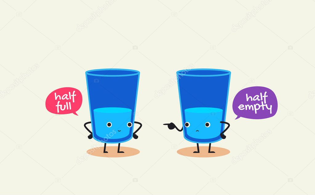 Two glasses of water is having conversation. Half full, half empty. Vector Illustration