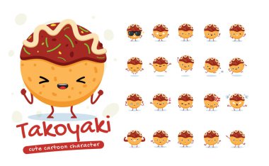Takoyaki 'nin maskotu. Yirmi maskot pozu. İzole Vektör İllüstrasyonu