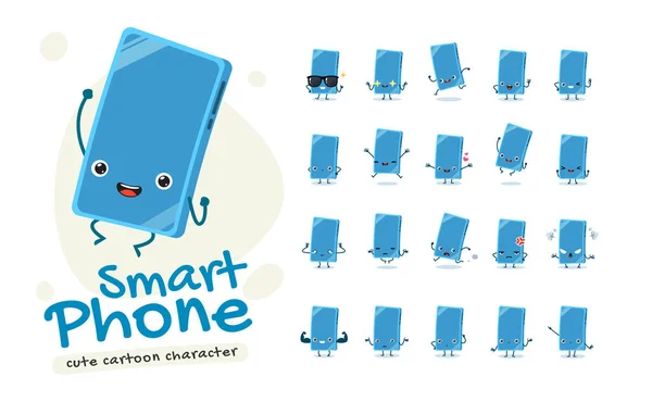 Mascot Set Smart Phoneスマートフォン 20人のマスコットポーズ 絶縁ベクトルイラスト — ストックベクタ