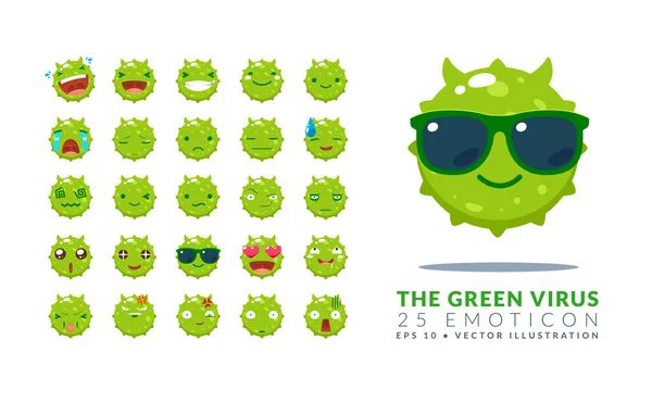 Conjunto Emoticon Vírus Verde Ilustração Vetorial — Vetor de Stock
