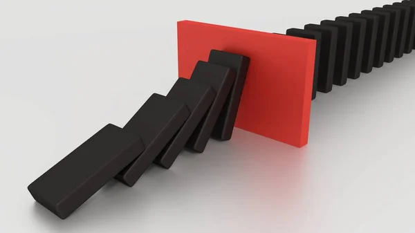 Fallende Dominoreihe mit rotem Anschlagstück auf dem Schreibtisch — Stockfoto