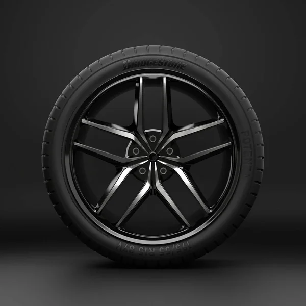 High-quality render of a wheel on a cast car disk, on a uniform background — Stock Photo, Image