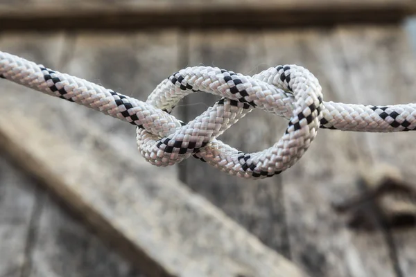 チーク材のウッドの背景上ロープの結び目 — ストック写真