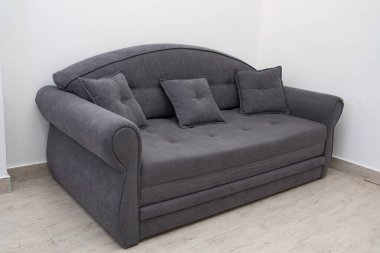 Beyaz arka planda gri kanepe olan oturma odası..