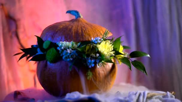 Halloween, lleno de tradiciones navideñas, símbolos y detalles. Arreglo floral sobre la base de la calabaza — Vídeo de stock
