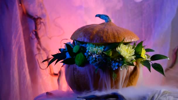 Halloween, penuh dengan tradisi liburan, simbol dan rincian. Susunan bunga atas dasar labu — Stok Video