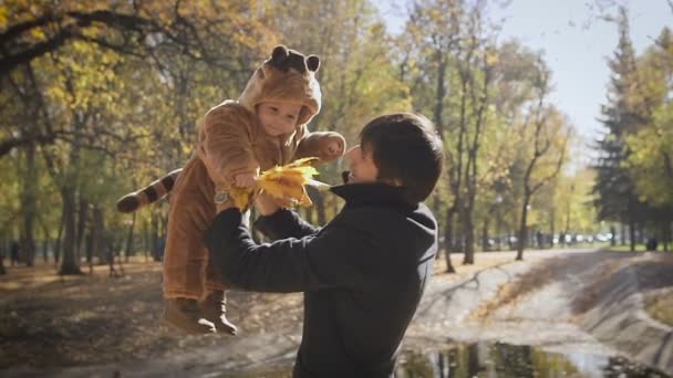 Happy family Dad throws child son up on a walk in the autumn leaf fall in park. — Stock Video