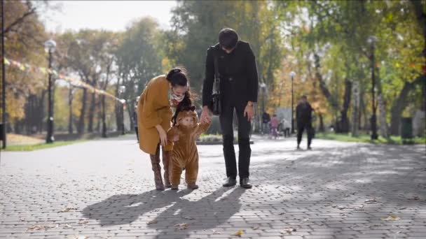 Jonge vrouw met haar man en kind wandelen langs de steeg. — Stockvideo