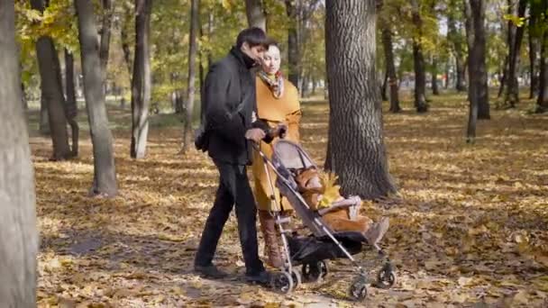 The family spends their holidays in autumn forest. — ストック動画