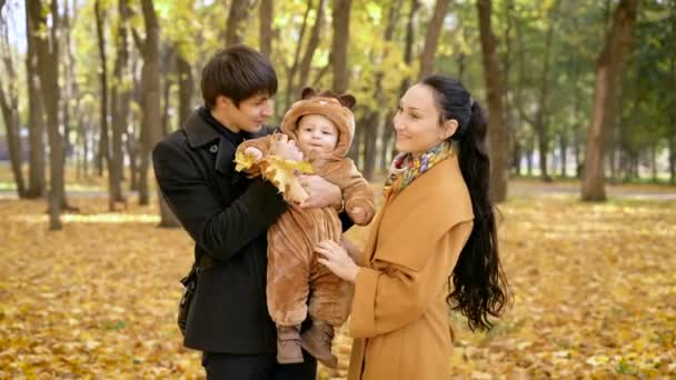 Famille dans la forêt. Bébé garçon avec des feuilles d'automne à la main, dans les bras des pères . — Video