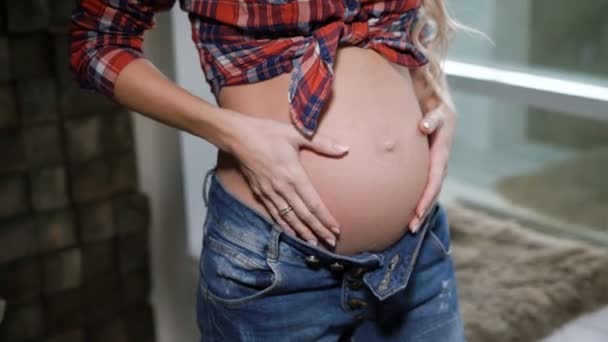 Primer plano de la encantadora barriga de una joven embarazada feliz con camisa a cuadros. Hermosa futura madre está acariciando suavemente su maravilloso vientre con el bebé dentro . — Vídeos de Stock