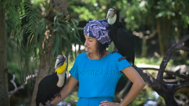 Gelooid meisje in een blauwe jurk en een sjaal op haar hoofd is in het regenwoud, en probeert te spreken met papegaaien, uit angst voor hen die houdt op zijn arm en schouder — Stockvideo