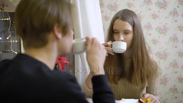 Portretul unei tinere brunete atractive. O fată frumoasă stă într-o cafenea cu iubitul meu şi flirtează cu el. Patiserie, unde cafea şi prăjituri. În jurul decorațiunilor de Crăciun — Videoclip de stoc