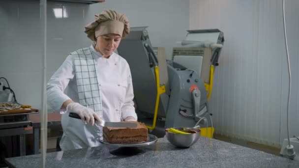 Konditor mit Spachtel streicht Schokoladencreme auf einen frisch gebackenen Kuchen in einer professionellen Küche in einer Bäckerei. Schale mit Mastix liegt auf dem Tisch. — Stockvideo