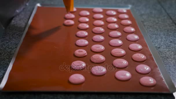 Banketbakker met gebak spuit er cookies dezelfde grootte voor het bakken in de keuken. Ruwe dessert op het dek. Keukengerei voor het koken van de snoep. — Stockvideo