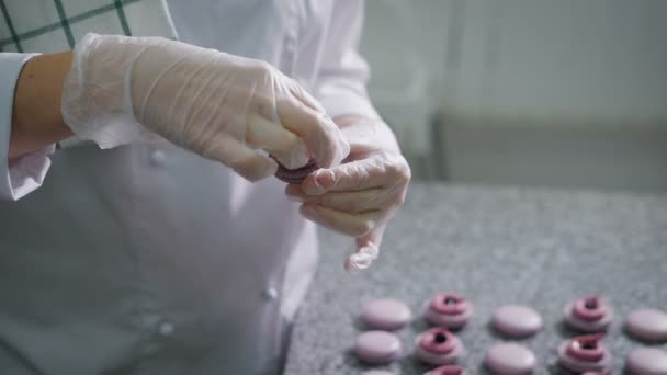 Loja de doces. Decoração dos macaroons franceses. O funcionário de uma loja de doces em luvas acrescenta a nata e as bagas a uma sobremesa pronta. Ao mesmo tempo decorando uma sobremesa. Uma sobremesa resultou cor rosa-lilás . — Vídeo de Stock