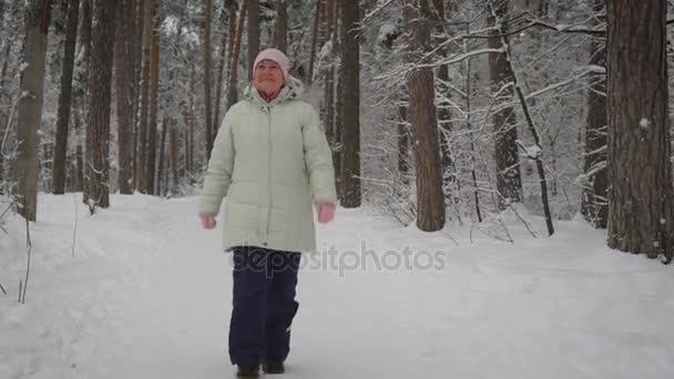 Пожилая женщина идет по проторенной дорожке в красивом заснеженном парке и оглядывается вокруг. Пенсионер наслаждается зимним днем . — стоковое видео