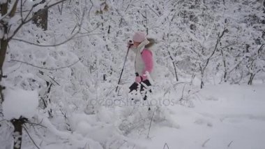 Adım kadın ormanda snowdrifts Kayak Polonyalılar ile üzerinden yolunu seçmek görüntüsü. Kadın atlet karla kaplı ağaçlar ön planda ile kış doğada yolda Nordik yürüyüş yapıyor.