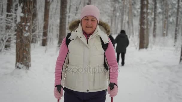 Deporte de mujer adulta con mejillas rosadas con un sombrero rosa y suéter, chaleco blanco pantalones de sudor negro que participan en la carrera a pie, a lo largo de sendero nevado en el bosque de pinos. Ella está feliz del buen clima invernal. — Vídeo de stock