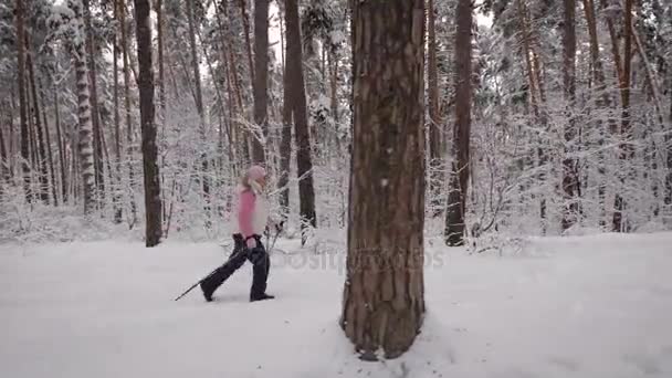 Vista lateral da mulher enérgica fazendo exercício ativo caminhada nórdica na floresta. Senhora com bastões de esqui está pisando rapidamente no caminho no inverno natureza demonstrando estilo de vida saudável . — Vídeo de Stock