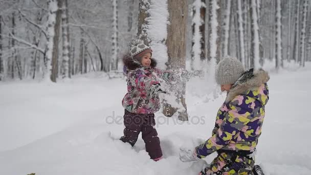 小さな女の子が公園の屋外で雪の中で若い母親と遊んで。幸せな子供は、冬を楽しんでいます。美しい服装の家族. — ストック動画