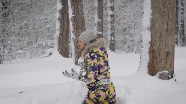 Una familia joven en el bosque. La mamá con la hija pasan alegremente el tiempo en el bosque invernal. El niño pequeño y la madre juegan bolas de nieve y tienen un excelente estado de ánimo . — Vídeos de Stock