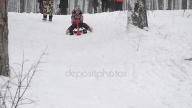 Küçük kız sıcak, kış giysileri içinde kendini karla kaplı tepeler Park halinde taşıma giyinmiş. Neşeli bebek sledging üzerinde çok mutlu.