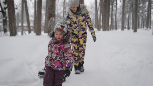 Uma menina sozinha a puxar o trenó pela neve no parque. Jovem mãe em segundo plano assistindo e ajudando a filha . — Vídeo de Stock