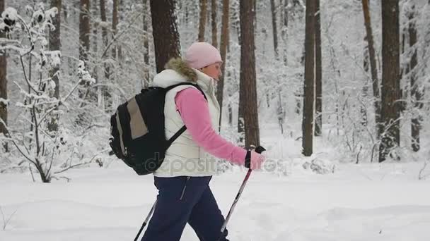 Tir lent sur une femme qui traverse la forêt enneigée. Autour d'elle poussent des arbres grands et massifs. Femme vêtue chaudement d'un débardeur blanc, pantalon noir, chapeau rose et gants . — Video
