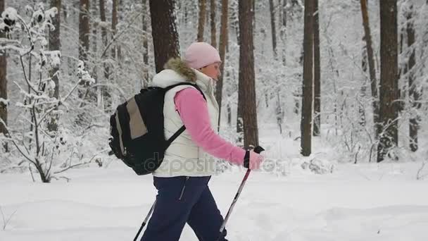 Disparo lento a una mujer que atraviesa el bosque nevado. Alrededor de ella crecen árboles altos y masivos. Mujer cálidamente vestida con una camiseta blanca, pantalones negros, un sombrero rosa y guantes . — Vídeo de stock