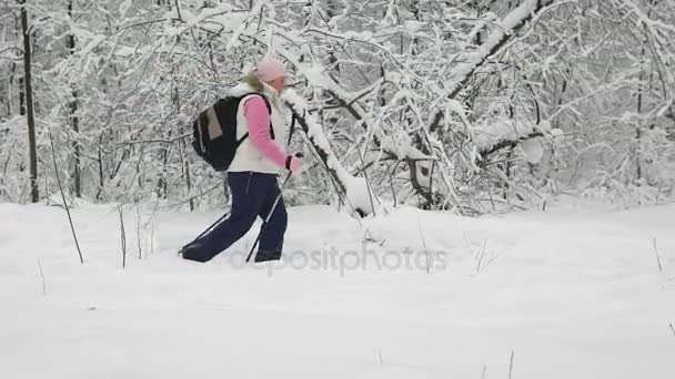 Vista lateral de una mujer activa haciendo senderismo nórdico con bastones de esquí en el camino en invierno naturaleza al aire libre. La señora jubilada está de picnic en el bosque y caminando rápidamente a través del bosque . — Vídeo de stock