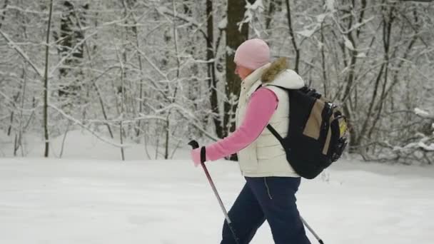 Kvinnan i trä på vintern. Pensionären med hjälp av särskilda pinnar är engagerad med trä i skandinaviska walking. Den äldsta kvinnan för en hälsosam livsstil — Stockvideo