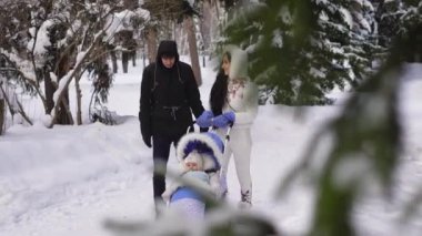 Bir çiftin bir çocukla ağır çekim video kar parkta yürüyor. Bir siyah ceket, koyu mavi pantolon ve siyah ayakkabı giyen bir adam. Uzun saçlı kadın için bir yürüyüş beyaz eşofman giymiş.