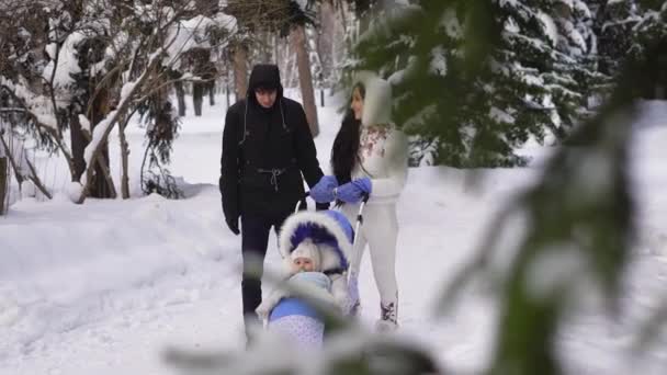 Vidéo au ralenti d'un couple avec un enfant qui marche dans le parc à neige. Un homme portant une veste noire, un pantalon bleu foncé et des chaussures noires. Femme aux cheveux longs habillée pour un survêtement blanc . — Video