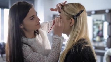 İş kadını çok önemli bir toplantı önünde prestijli güzellik stüdyosu parlak ve şık makyaj yapmaya karar verdi. Profesyonel makyaj sanatçısı favori işiyle meşgul.