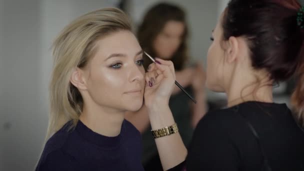 Företag dam i en dyr skönhetsstudio beställde en otroligt vacker makeup från de bästa experterna i staden. Professionella visagiste måla ögonbrynen till hans rika klient och ser på klockan. — Stockvideo