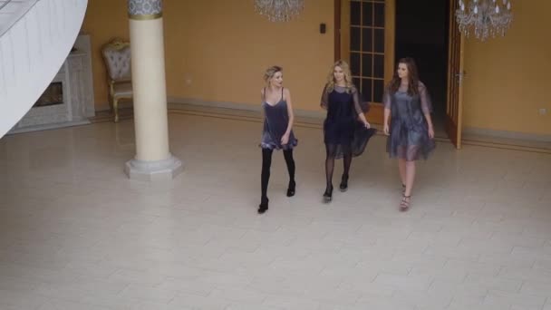 Hot young women showy gait walked through the luxurious hall of expensive mansion of their boss. Professional models with long shapely legs. Blondes and brunette looks incredible. — Stock Video