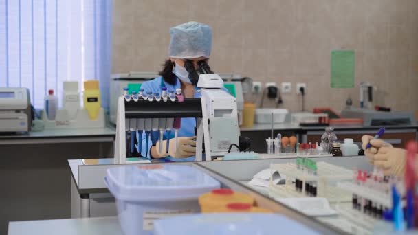 Uma médica que se senta em uma sala de laboratório verifica um exame de sangue de pacientes, que é armazenado em tubos de ensaio para identificar doenças e anormalidades — Vídeo de Stock