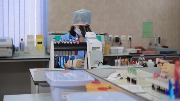 Una doctora que se sienta en una sala de laboratorio revisa un análisis de sangre de los pacientes, que se almacena en tubos de ensayo para identificar enfermedades y anormalidades. — Vídeos de Stock