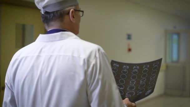 Lékař neurochirurg, který je oblečený v bílém rouchu procházky podél koridoru kliniky a obsahuje výsledky mozek tamography — Stock video