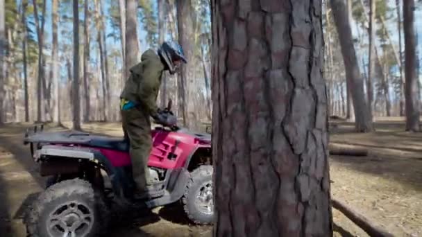 En man i en skyddande hjälm som rider på fyrhjuling i skogen höst korsar små hinder i form av träd och grenar som är på väg — Stockvideo