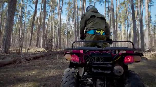 Mladý muž, který miluje extrémní jízdě jezdí na čtyřkolce podzimním lesem, překonání malé překážky na cestě — Stock video