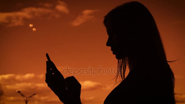 Silhouette d'une adulte contre le ciel, femme aux cheveux longs imprime un message sur un téléphone portable. Il utilise un gadget pour communiquer avec des amis — Video