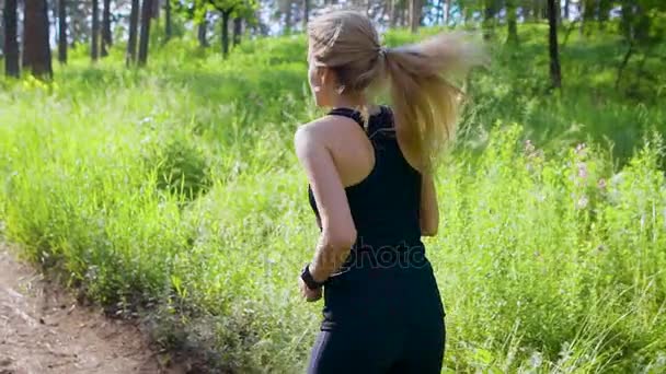 Back view of sportswoman jogging alone in summer green forest — Stock Video