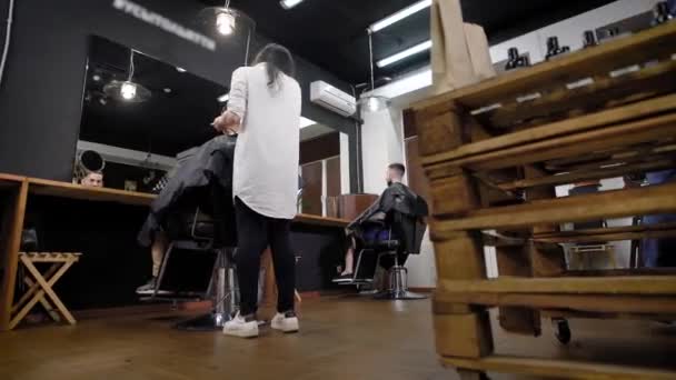 Back view of woman making hair to male clients sitting in barber shop — Stock Video