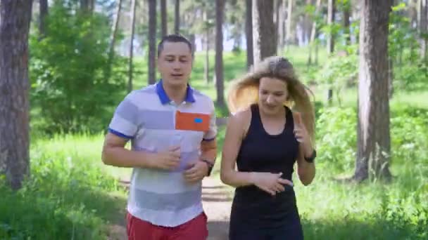 Um jovem casal de uniformes esportivos corre pela floresta em um dia ensolarado, uma esportista pergunta a um homem a que distância eles superaram — Vídeo de Stock