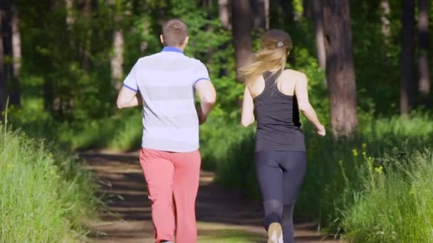 Couple jogging in the park. Sport and healthy lifestyle. Green grass and trees — Stock Video