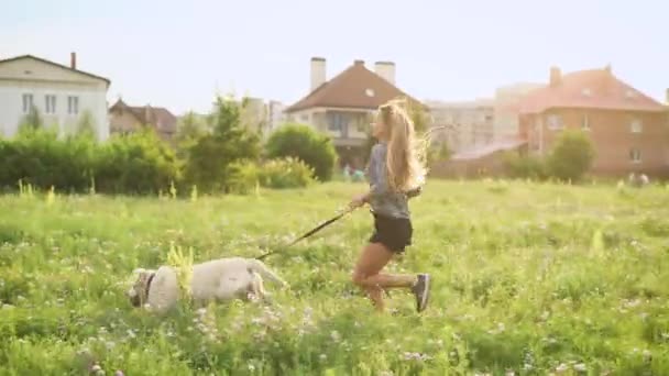 Ung kvinna springa över fältet med en hund — Stockvideo