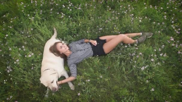 Grappige vrouw lag op het gras en speelt met de hond. — Stockvideo