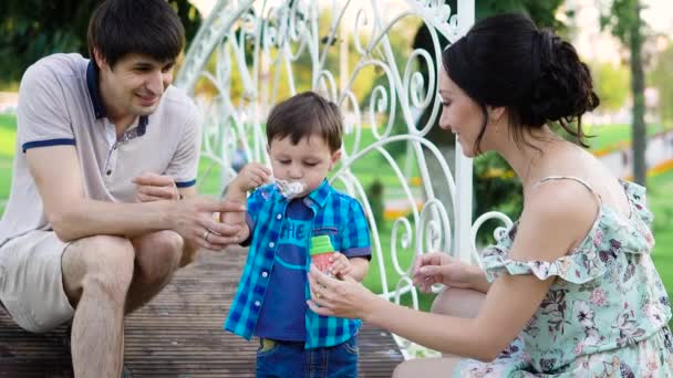 Padre madre e hijo están jugando pacíficamente en el parque, soplando burbujas y atraparlos en el día . — Vídeos de Stock